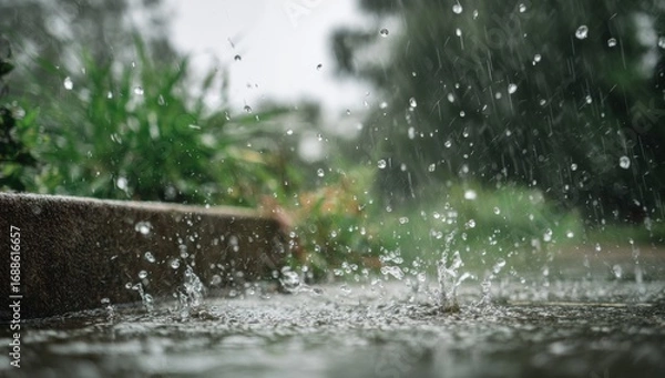 Fototapeta Rain splashing on a walkway, garden in the background