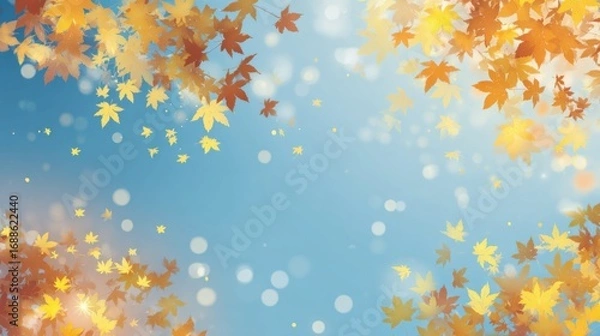 Fototapeta A display of colorful autumn leaves drifting gently through the air, set against a bright blue sky. The soft bokeh effect enhances the tranquil atmosphere of the fall season.