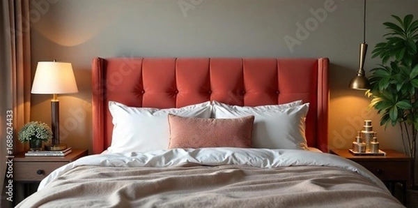 Obraz Luxurious headboard cushion in soft velvet, adding comfort and style to any bedroom Perfect for reading in bed or simply relaxing , luxury, fabric