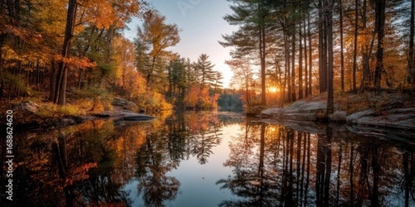 Fototapeta Sunset in Autumn Forest with Waterway and Colorful Reflection on lake