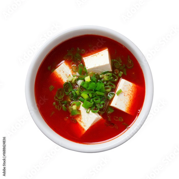 Fototapeta Delicious Spicy Tofu Soup in White Bowl - Overhead View