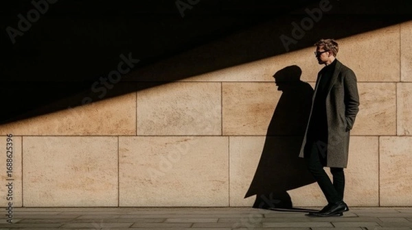 Fototapeta A man in a black coat is walking down a street in front of a brick wall. The man is wearing glasses and has a shadow of him on the wall. The image has a moody and somewhat mysterious feel to it