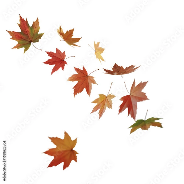 Fototapeta Assorted autumn maple leaves scattered with transparent background and abstract lines isolated on a transparent background