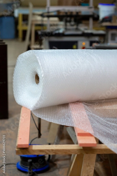 Fototapeta A huge roll of bubble wrap lies on a table in the production hall. Rollon Packaging Film With Pimples