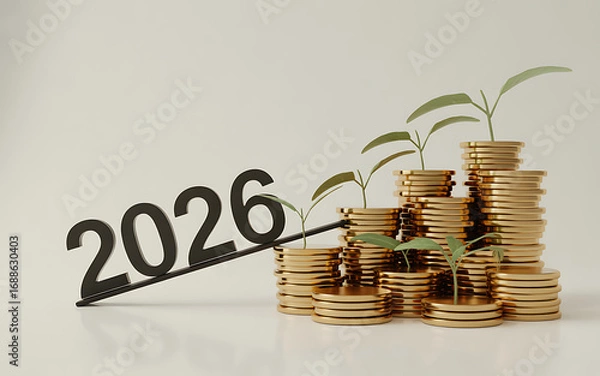 Fototapeta Financial growth and investment opportunities in 2026 depicted by a rising stack of gold coins with a plant sprouting from the top, symbolizing prosperity and future returns