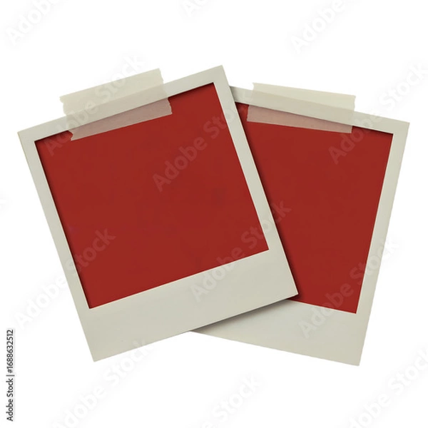 Fototapeta Two instant photo frames with red inserts taped to a white background Keywords: instant photo, photo frame, picture isolated on a transparent background