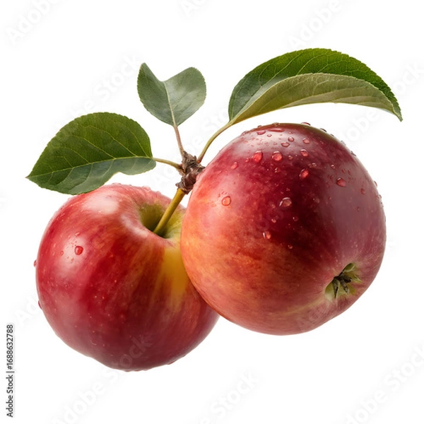 Fototapeta Two red apples with water droplets and green leaves on a branch fruit fresh isolated on a transparent background