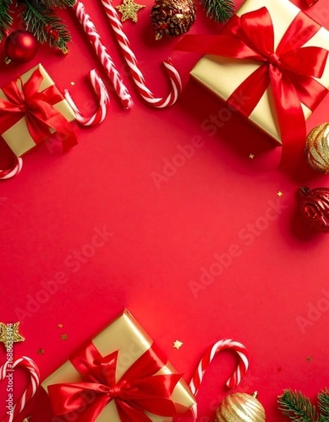 Obraz Christmas gifts, candy canes, and ornaments on a red background