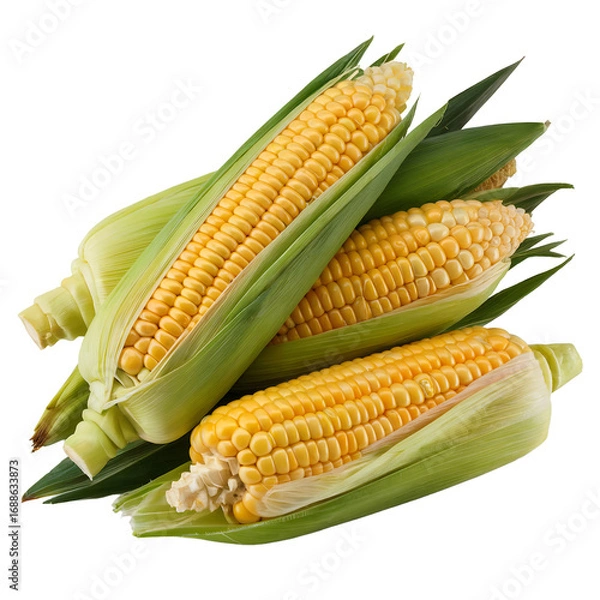 Fototapeta Three fresh ears of corn with green husks and yellow kernels maize isolated on a transparent background