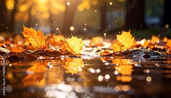 Obraz fall maple leaves on puddle