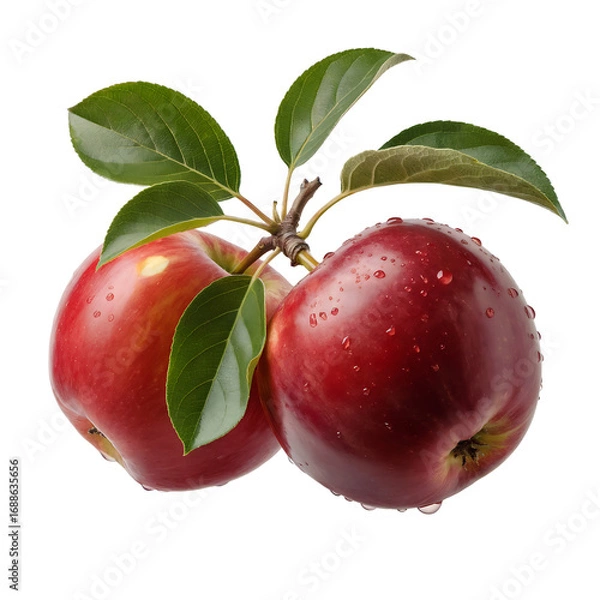 Fototapeta Two ripe red apples with water droplets and green leaves on a branch fruit fresh isolated on a transparent background
