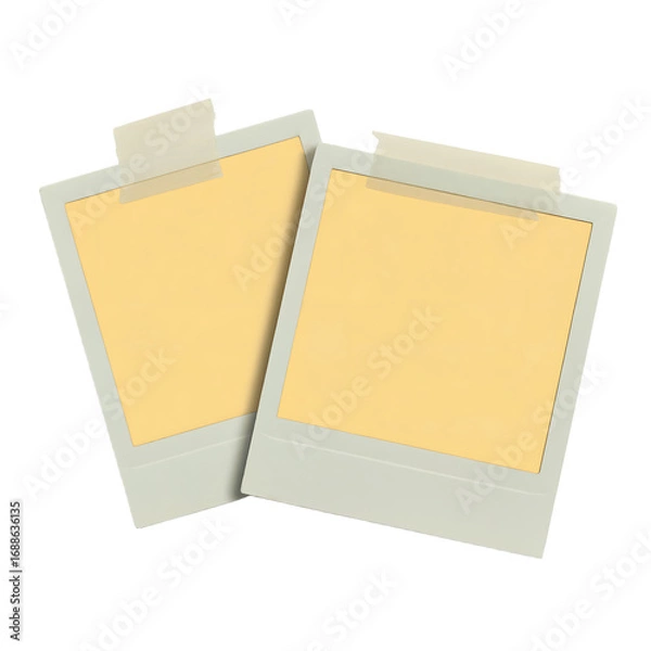 Fototapeta Two Yellow Polaroid Photo Frames Taped to a White Surface picture frame empty isolated on a transparent background