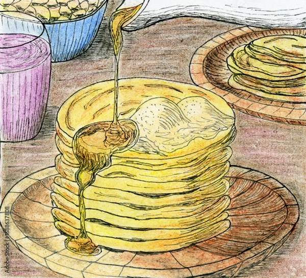 Fototapeta Pancakes with Syrup and Toppings Breakfast Sketch Illustration
