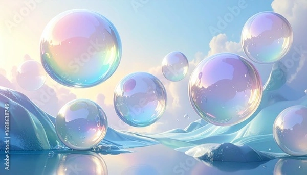 Obraz Abstract 3D glass spheres floating over blurred gradient background, frosted texture
