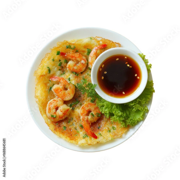 Fototapeta Delicious Shrimp Omelette with Dipping Sauce - Overhead View
