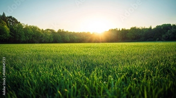 Fototapeta 49.A sweeping, panoramic shot of a lush green field, the blades of grass glowing in the soft light of the afternoon sun. The sunlight filters through the trees in the distance, casting long, gentle