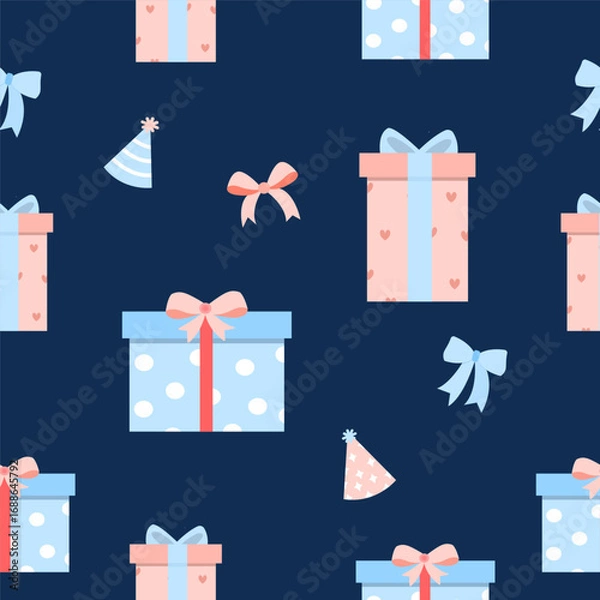 Obraz Seamless Gift Pattern with Colorful Wrapped Boxes and Ribbons