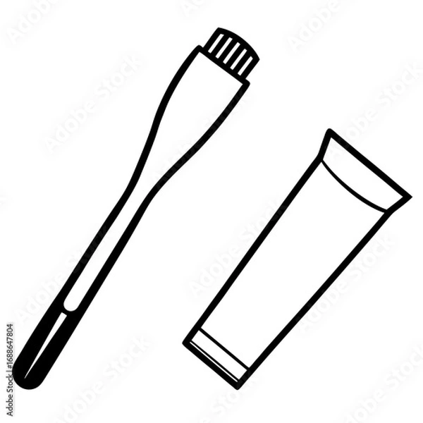Fototapeta Toothbrush and toothpaste line art vector illustration 