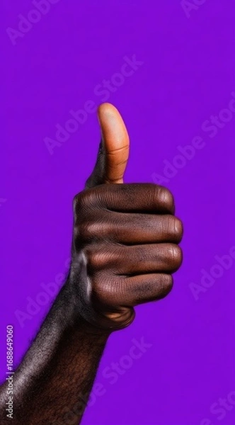 Obraz A dark-skinned hand with thumb extended upward, signifying approval or positivity, contrasted against a vivid purple background