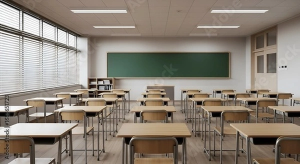 Fototapeta Empty classroom with rows of wooden desks and chairs facing a green chalkboard under bright fluorescent lighting, ready for students