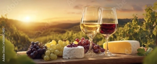 Fototapeta The Elegant Wine and Cheese Pairing at Sunset in a Vineyard