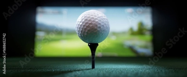 Fototapeta The golf ball poised on a tee against a high-tech simulator backdrop