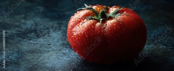 Fototapeta The vibrant red tomato with water droplets on a dark background.