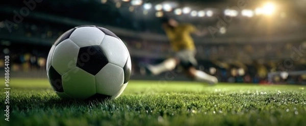 Fototapeta The soccer ball resting on the field during an exciting match atmosphere.