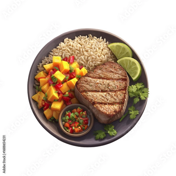 Fototapeta Grilled Tuna Steak with Brown Rice, Mango Salsa, and Pico de Gallo