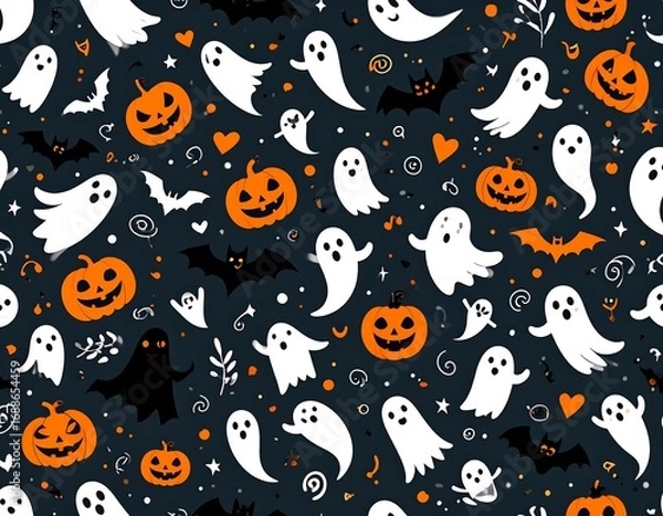 Fototapeta Halloween pattern with ghosts, pumpkins, and bats