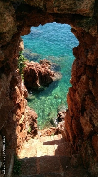 Fototapeta A stone archway frames a view of turquoise sea, rocks, and steps descending downwards. Sunlight illuminates the scene, creating a sense of peace