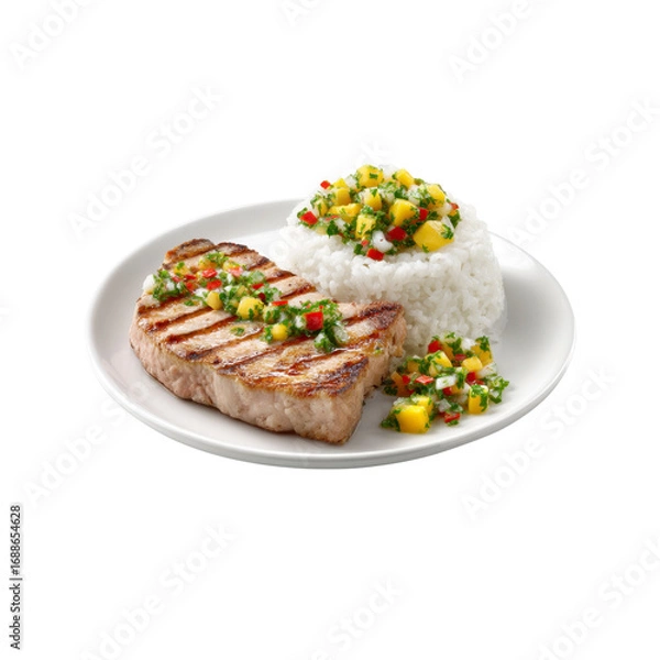 Fototapeta Grilled Tuna Steak with Mango Salsa and Rice