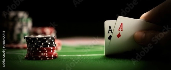 Fototapeta The winning hand showing two aces in a thrilling poker game.