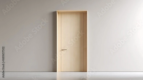Fototapeta warm birch door with minimal jambs, flush surface, concealed hinges with neutral backdrop.