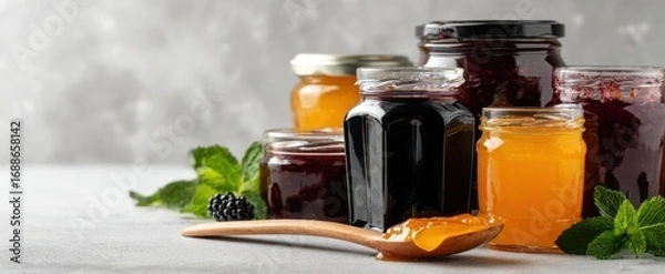 Fototapeta The assortment of colorful jams and jellies in glass jars on a kitchen counter.