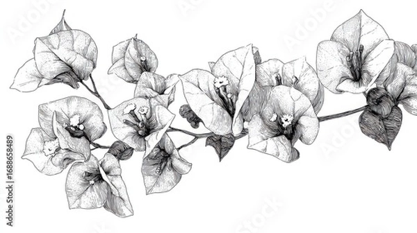 Fototapeta A detailed illustration features a branch of bougainvillea adorned with elegant flowers and leaves. The artwork captures the beauty and complexity of natures designs skillfully.