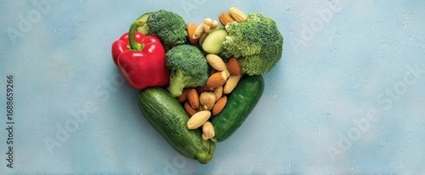 Fototapeta The Heart-Shaped Arrangement of Fresh Vegetables and Nuts Illustrating Health and Wellness