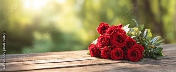 Fototapeta The beautiful bouquet of red roses resting on a wooden table.