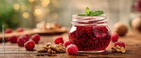 Fototapeta The vibrant raspberry jam jar surrounded by walnuts and fresh berries