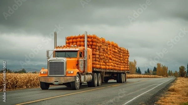 Fototapeta A bright orange truck is hauling a large load of pumpkins down a rural road surrounded by fields. Autumn foliage and gray skies create a seasonal atmosphere.