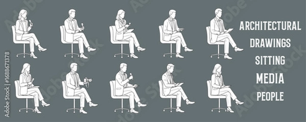 Fototapeta Architectural Drawings sitting media people vector illustration, side view, human person Minimal style hand drawn. Sections, Elevations, Floor Plans