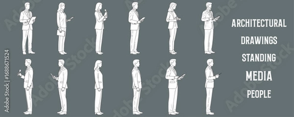 Fototapeta Architectural Drawings standing media people outline vector illustration, side view, human person Minimal style hand drawn. Sections, Elevations, Floor Plans