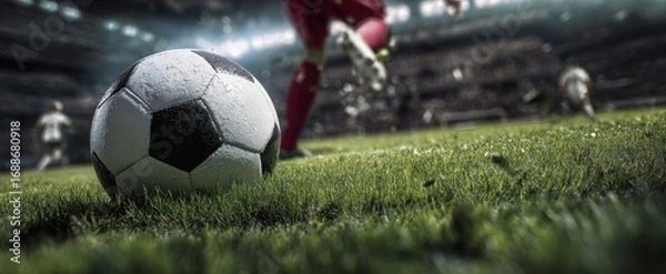 Fototapeta The soccer ball in action on a vibrant stadium field