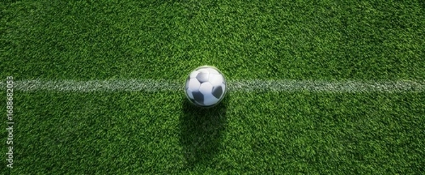 Fototapeta The soccer ball resting on a vibrant green grass field under sunlight.