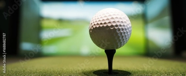 Fototapeta The golf ball positioned on a tee in an indoor simulator environment.