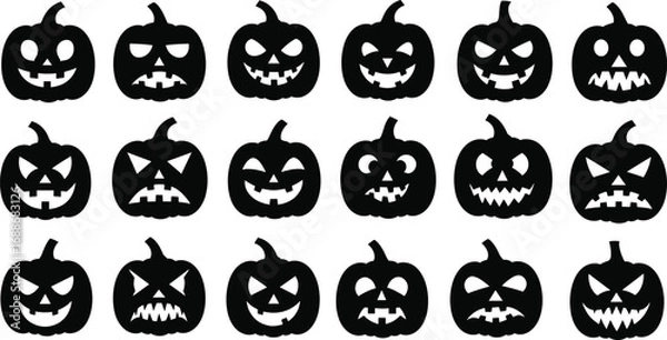 Fototapeta Silhouette Halloween pumpkin faces collection, spooky jack-o’-lantern vector set, scary carved expressions for Halloween decorations and designs