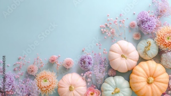 Fototapeta Pastel pumpkins are arranged among vibrant flowers on a soft blue background, creating a charming autumn display ideal for seasonal decorations or celebrations.
