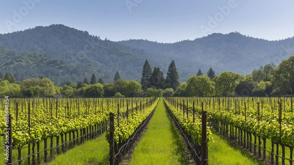 Fototapeta Serene vineyard landscape with orderly grapevine rows under natural sunlight, evoking tranquility and growth.