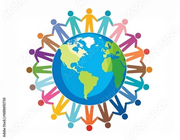Fototapeta Global solidarity depicted through a diverse group of people holding hands around the Earth, illustrating international cooperation and a unified human community