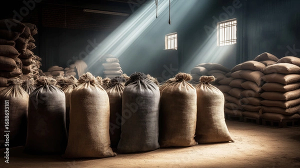 Fototapeta burlap sacks in rustic daylight warehouse